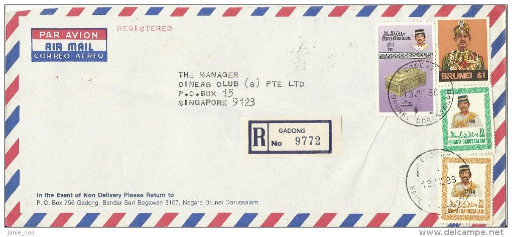 Brunei 1988  Registered Cover From Gadong To Singapore, 4 Stamps Sultan Hassanal - Brunei (1984-...)