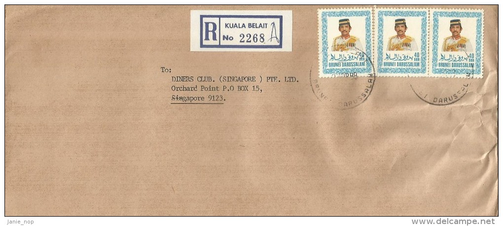 Brunei 1988 Registered Cover From Kuala Belait  To Singapore, 3 X 40 Sen - Brunei (1984-...)