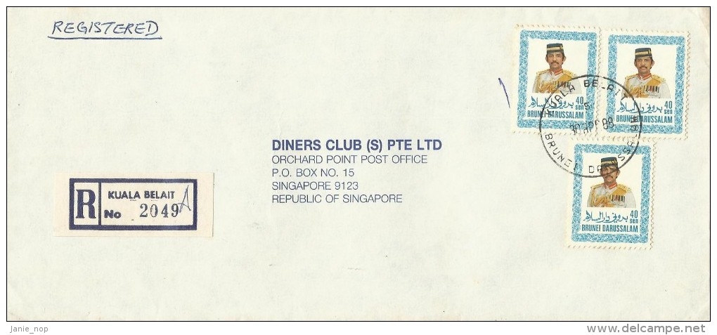Brunei 1988 Registered Cover From Kuala Belait  To Singapore, 3 X 40 Sen - Brunei (1984-...)