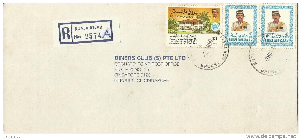 Brunei 1988 Registered Cover From Kuala Belait  To Singapore, Pair 40sen  And $ 1.00 Homeless - Brunei (1984-...)