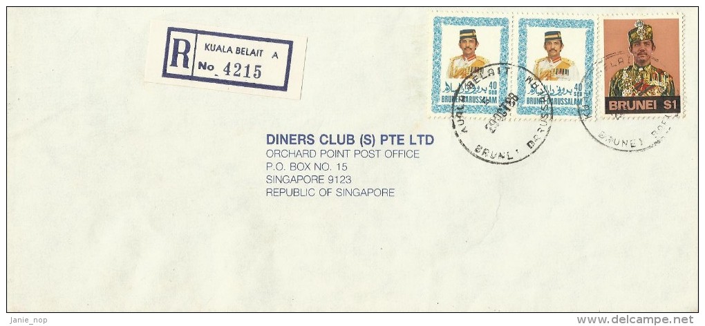 Brunei 1988 Registered Cover From Kuala Belait  To Singapore, Pair 40sen And $ 1.00 Sultan Hassanal - Brunei (1984-...)