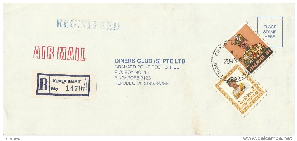 Brunei 1989 Registered Cover From Kuala Belait  To Singapore, 20 Sen And $ 1.00 - Brunei (1984-...)