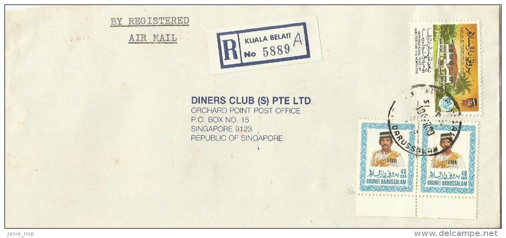 Brunei 1989 Registered Cover From Kuala Belait  To Singapore, Pair 40sen  And $ 1.00 Homeless - Brunei (1984-...)