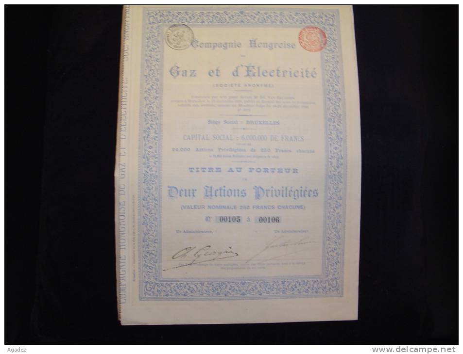 Titre De 2 Actions Privilégiées " Cie Hongroise Gaz Et Electricité " Bruxelles 1896 Très Bon état,avec Tous Les Coupons. - Elektrizität & Gas