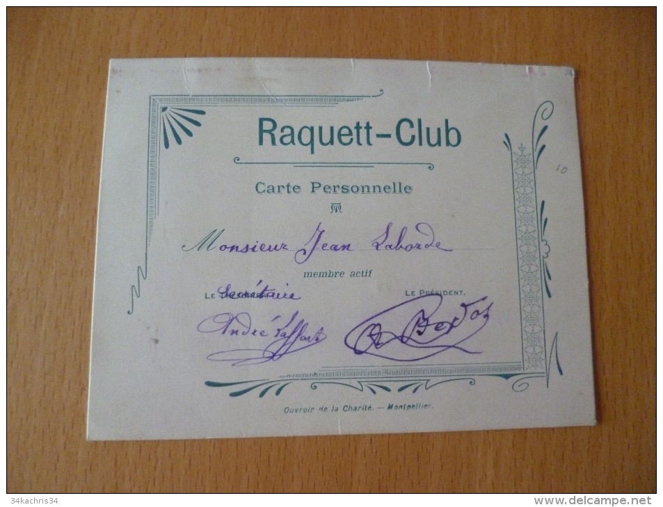 Rare Carte De Membre Raquett Club Montpellier Autographes A.Bedos Et André Laffont - Cartes De Visite