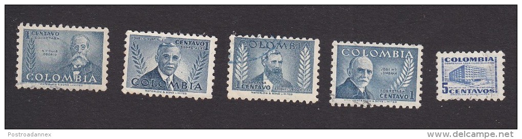 Colombia, Scott #597-601, Used, Osorio, Martinez, Uricoechea. Lombana, Communications Building, Issued 1952 - Colombia