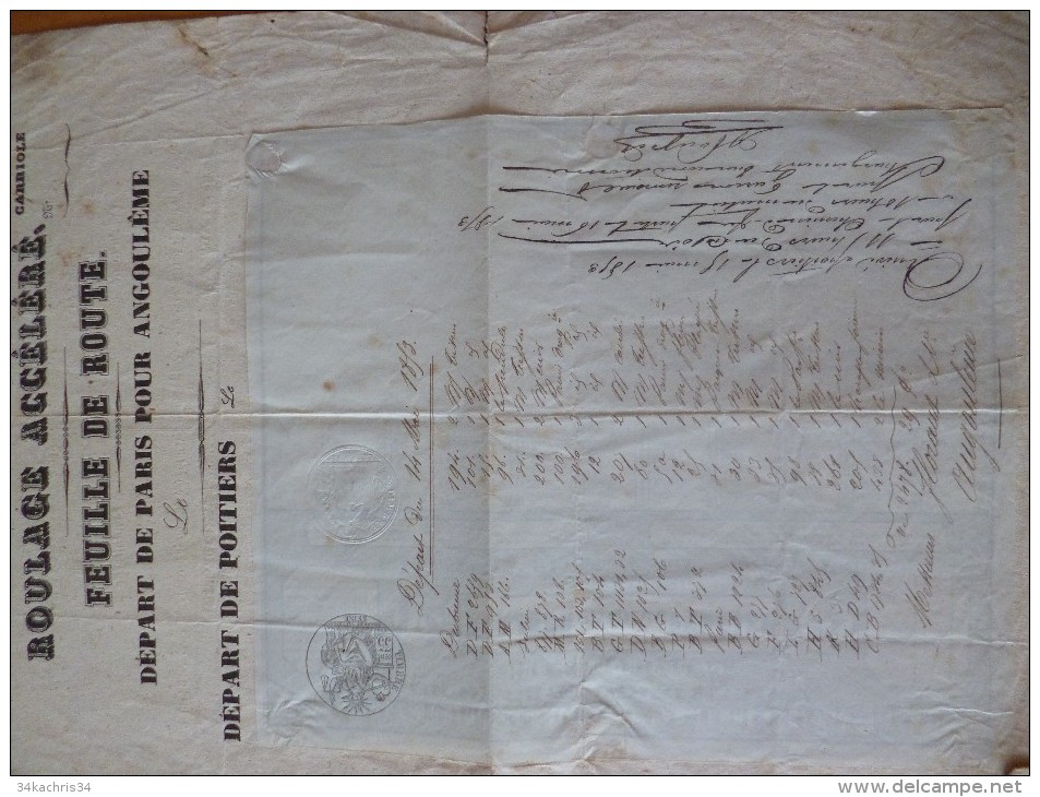 Feuille De Route Roulage 1853 Paris à Angoulême Via Chaunay Lasangle Les Adjots Carriole Rarissime - Transportmiddelen