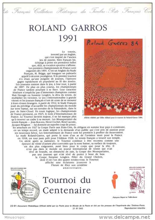 DPO 1991 - Roland Garros - Tournoi Du Centenaire - 21 91 542 - Documents De La Poste