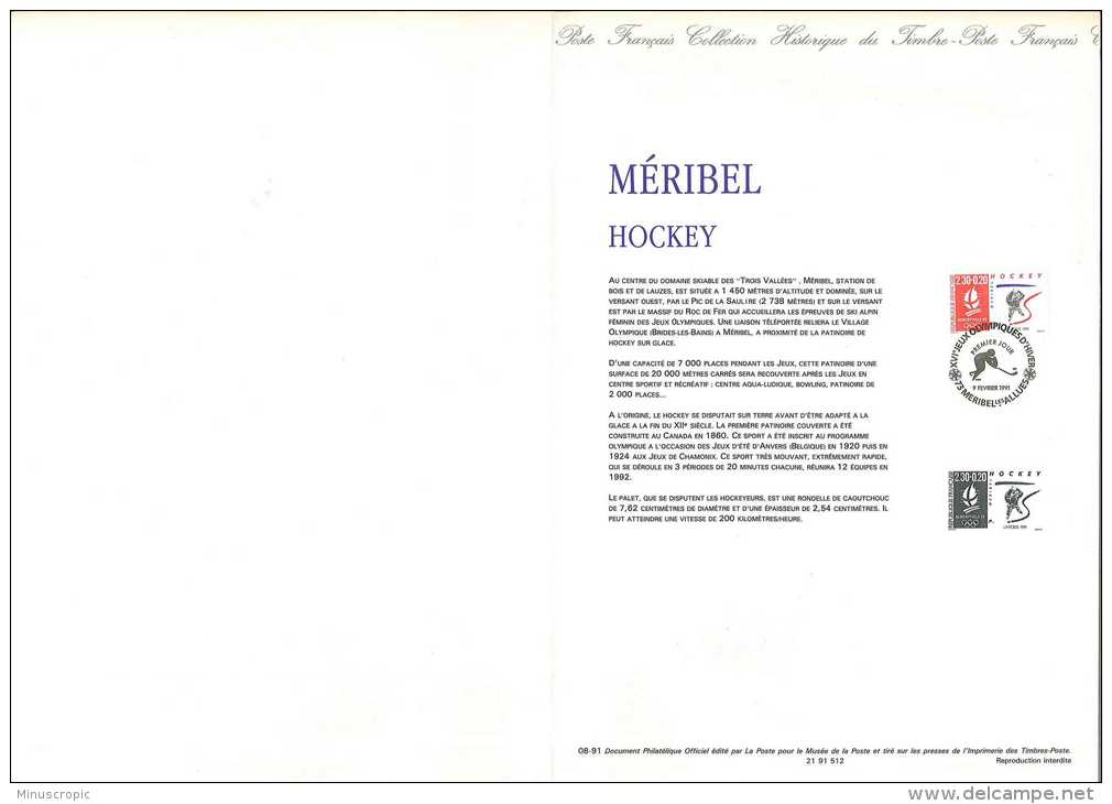 DPO 1991 - Jeux Olympiques Albertville - Méribel - Hockey - 21 91 512 - Documents De La Poste
