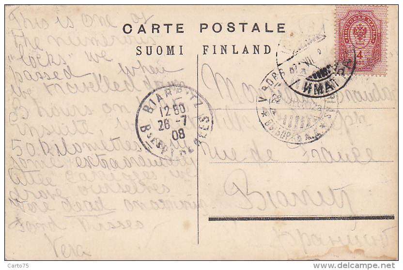 Finlande - Suomi - Russia - Bâteaux Vapeur Ecluses - Saimaan Kanava /Kanal Saima - Postmarked Russia Biarritz 1908 - Finlande