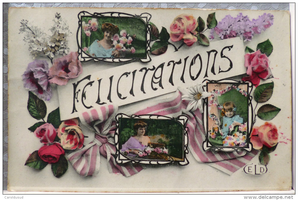 Photo Montage Brillante ELD Fete Felicitations Avec Femme Medaillon Decor Fleurs 1908 Timbre Cachet  Les Ormes S Vienne - Autres & Non Classés