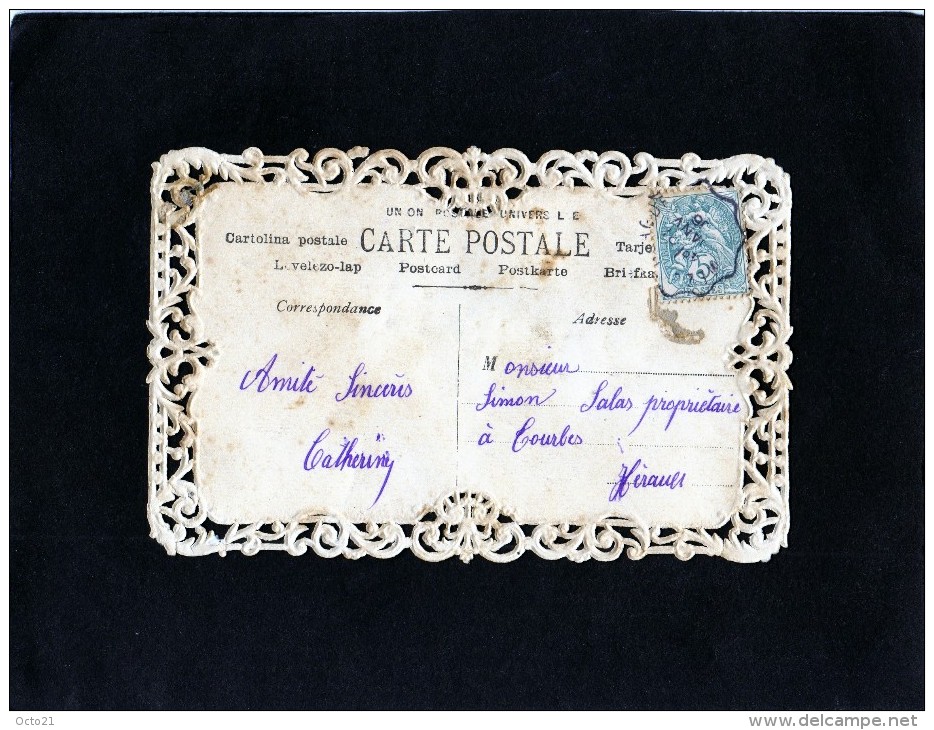 Carte Fantaisie Pourtour Façon Dentelle Prénom SIMON /  Oiseau , Fleurs, Papillon - Prénoms