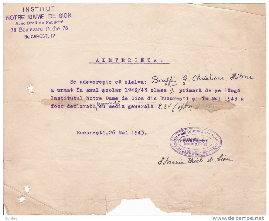loop Shaded Picasso Diploma & School reports - Romania - Bucuresti - Institutul Notre Dame de  Sion - 1943