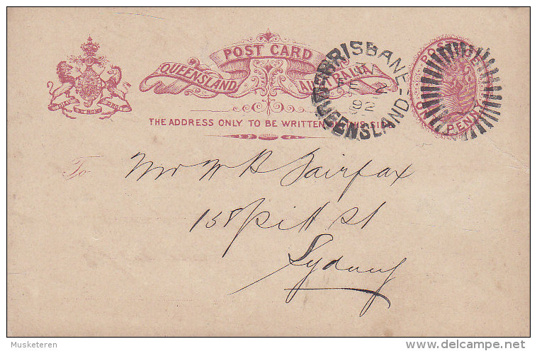 Queensland Postal Stationery Ganzsache Entier 1 P Victoria BRISBANE 1892 To SYDNEY (2 Scans) - Storia Postale