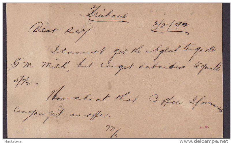 Queensland Postal Stationery Ganzsache Entier 1 P Victoria BRISBANE 1892 To SYDNEY (2 Scans) - Brieven En Documenten