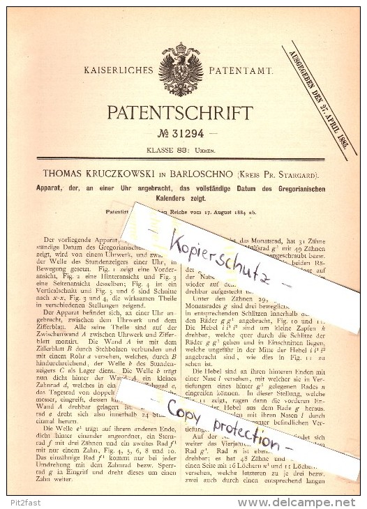 Original Patent -T. Kruczkowski In Barloschno / Barlozno B. Skurz / Skórcz , 1884 , Apparat Mit Gregorianischen Kalender - Antike Uhren