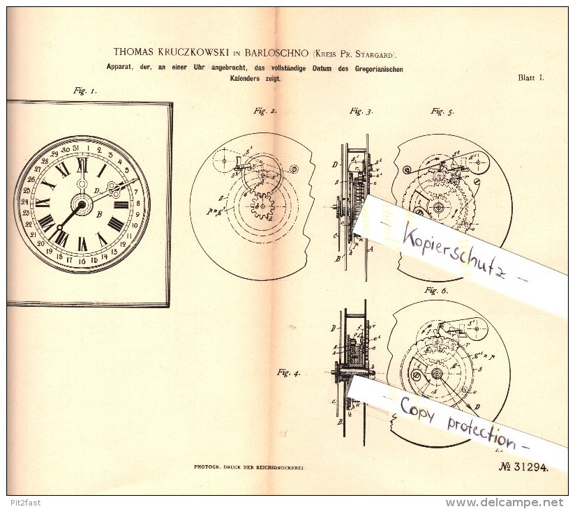 Original Patent -T. Kruczkowski In Barloschno / Barlozno B. Skurz / Skórcz , 1884 , Apparat Mit Gregorianischen Kalender - Antike Uhren