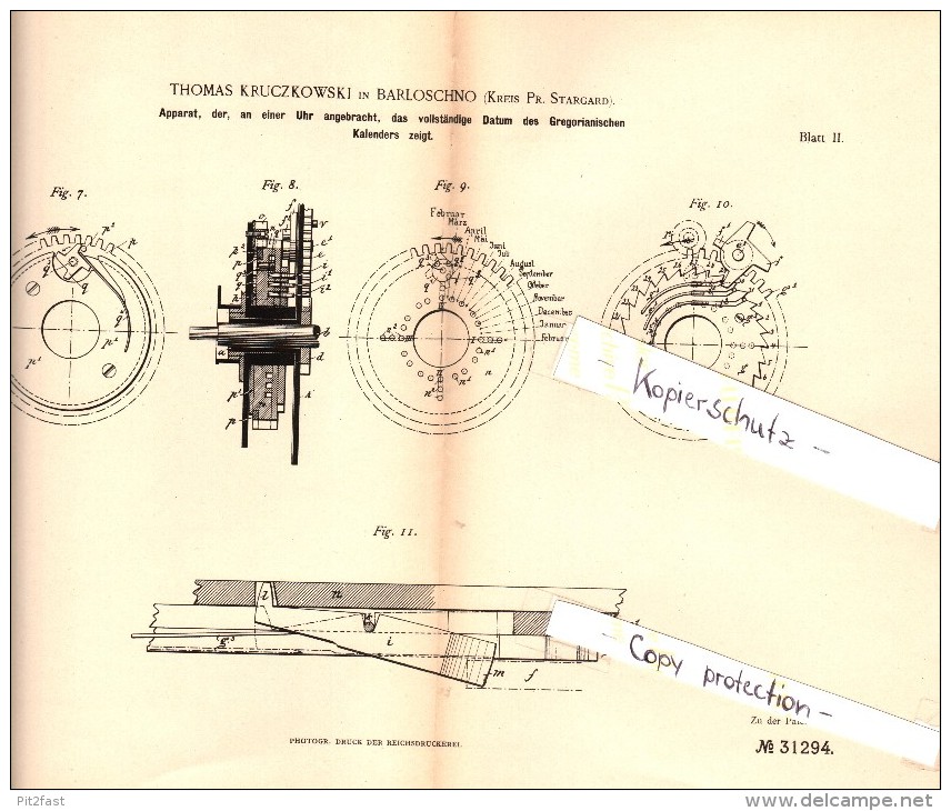 Original Patent -T. Kruczkowski In Barloschno / Barlozno B. Skurz / Skórcz , 1884 , Apparat Mit Gregorianischen Kalender - Antike Uhren