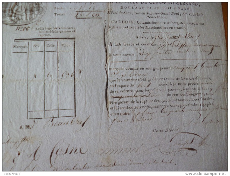 Feuille De Route Roulage 1841 Gallois A La Ville De Clermont Ferrand. Paris Transport De Lambris. - Verkehr & Transport