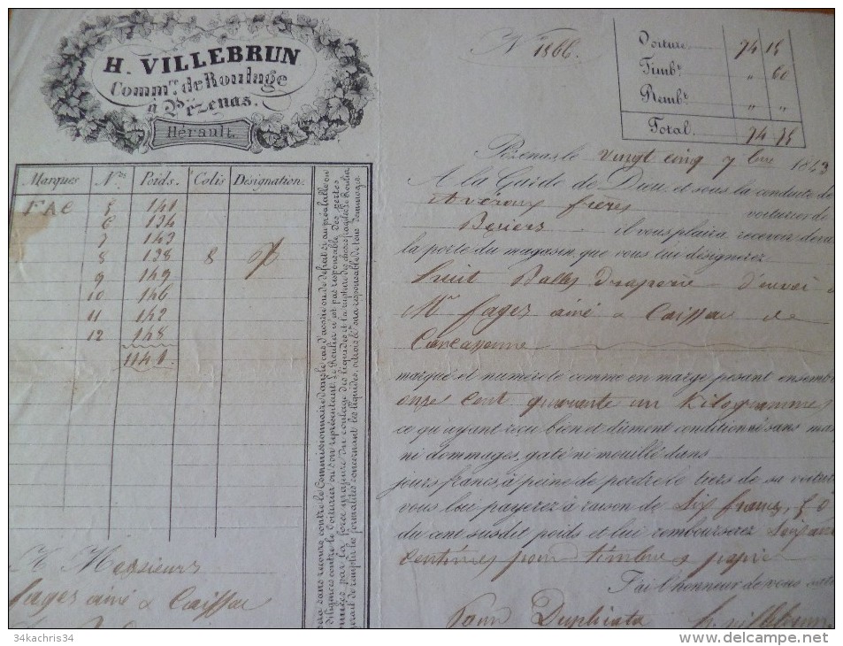 Feuille De Route Roulage 1843 Pézenas H.Villebrun. Huit Balles De Draperies - Transportmiddelen