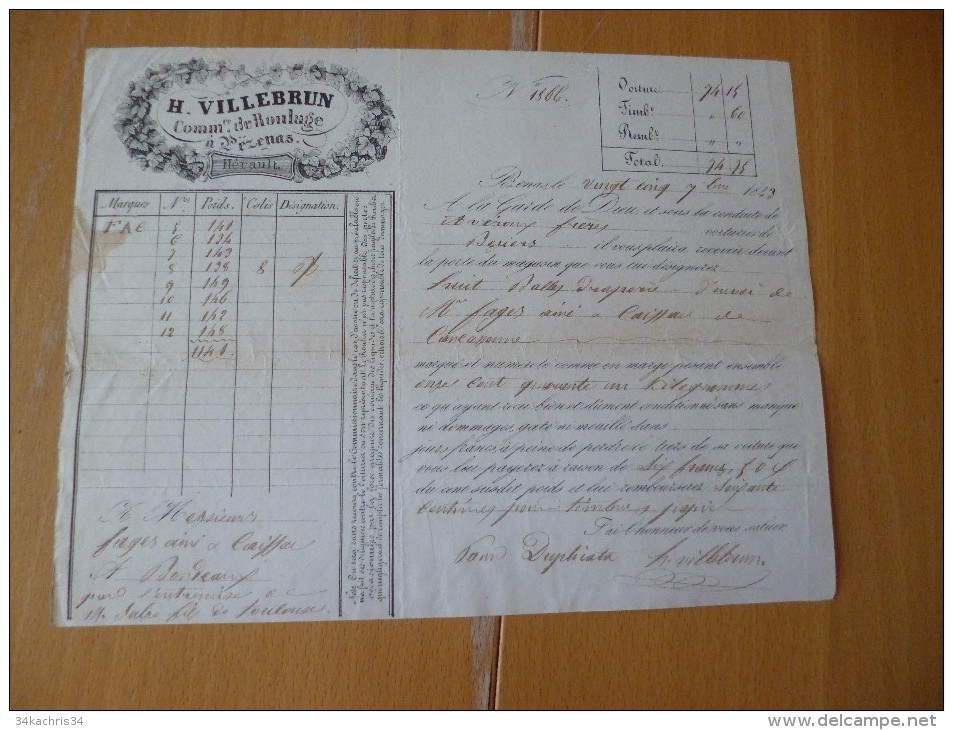 Feuille De Route Roulage 1843 Pézenas H.Villebrun. Huit Balles De Draperies - Verkehr & Transport