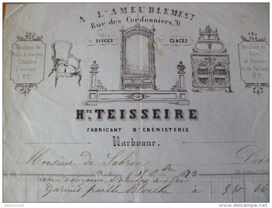 Superbe Facture Narbonne Illustrée Superbement. 1873. Teisseire Fabricant D'ébénisterie - 1800 – 1899