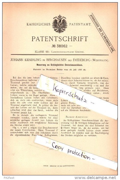 Original Patent - Johann Kieserling In Berghausen B. Fredeburg / Schmallenberg , 1886 , Dreschmaschine , Landwirtschaft - Schmallenberg