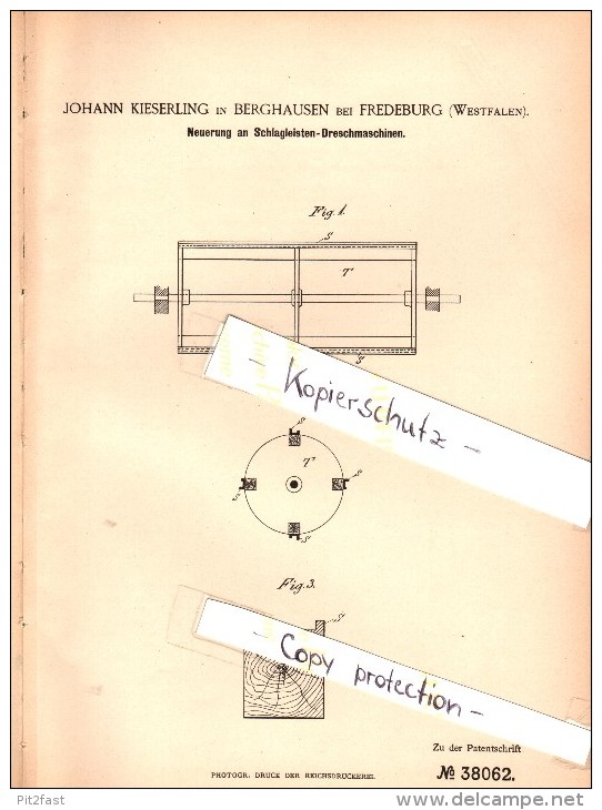 Original Patent - Johann Kieserling In Berghausen B. Fredeburg / Schmallenberg , 1886 , Dreschmaschine , Landwirtschaft - Schmallenberg