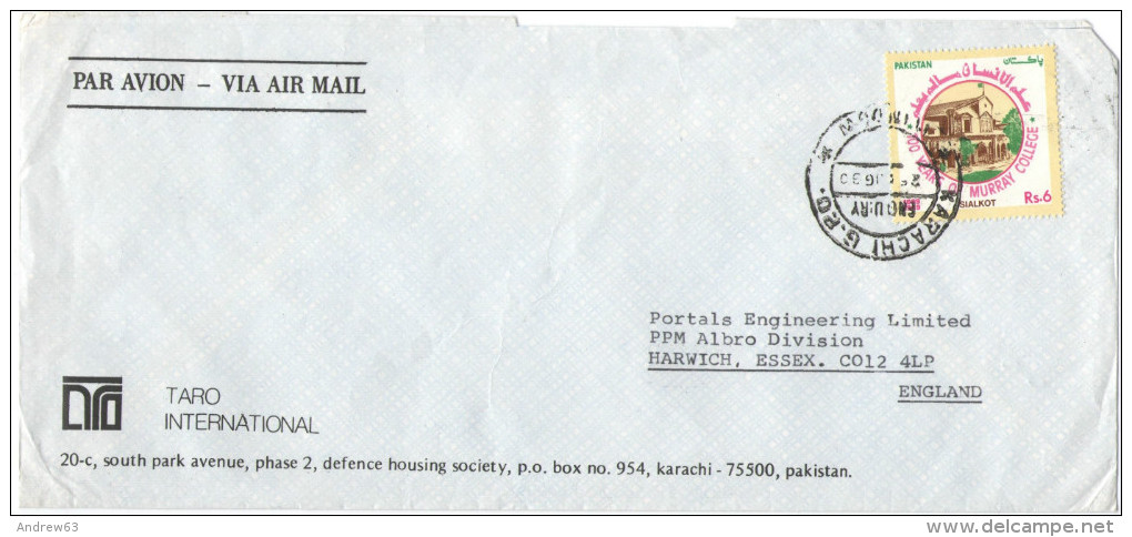 PAKISTAN - 1990 - Air Mail - 100 Years Of Murray College - Viaggiata Da Karachi Per Harwich, England - Pakistan