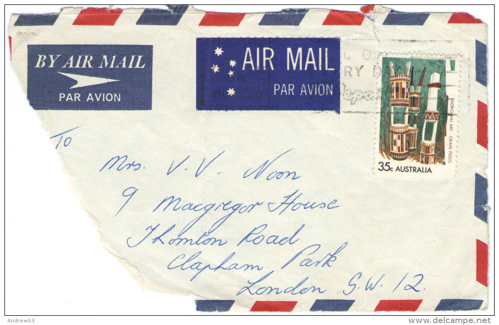 AUSTRALIA - 1975 - Airmail - Big Fragment - Aboriginal Art Grave Posts 35c - Viaggiata Per London - Storia Postale