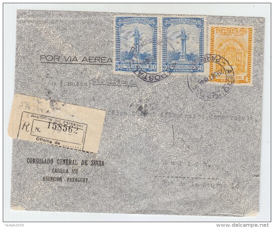 Paraguay/Switzerland REGISTERED AIRMAIL COVER 1945 - Paraguay