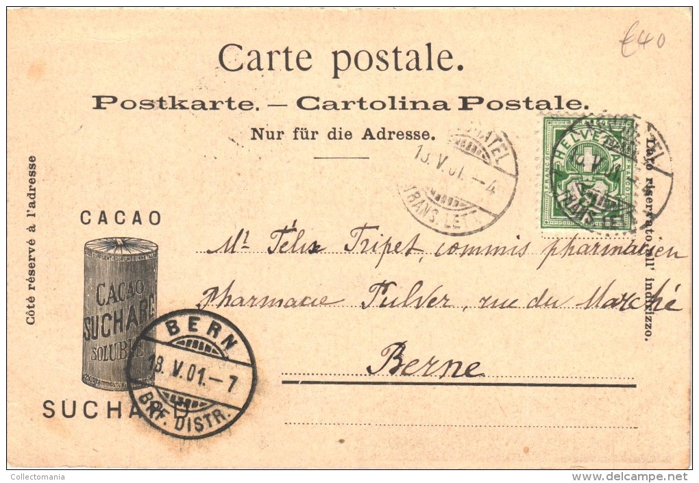 1 Postkarte Timbré 1901 Cach. NEUCHATEL BERN Lac L'EVOLE  Suisse -  Chocolats Suchard, Litho Chocolat Chokolade Cacao  - - Suchard