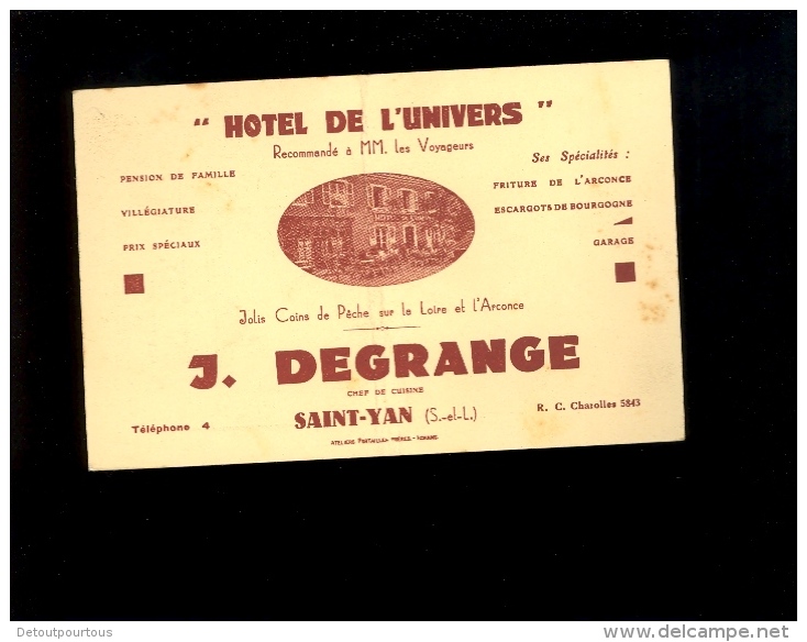 Carte Facture Hotezl De L'Univers J DEGRANGE Chef De Cuisine à SAINT ST YAN Saône Et Loire 71 Spécialité Friture Arconce - Visiting Cards