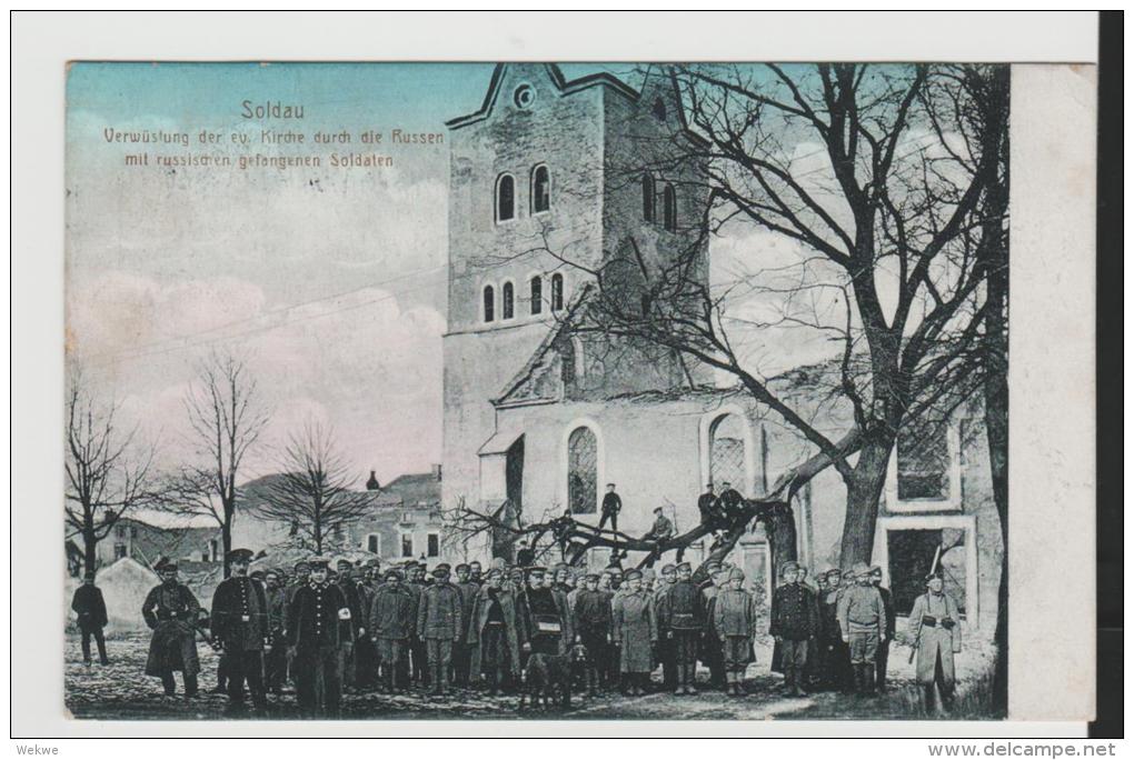 Pra088/ Soldaten (Ostpreussen) 1914. Gefangene Russen Vor Zerschossener Kirche - Ostpreussen