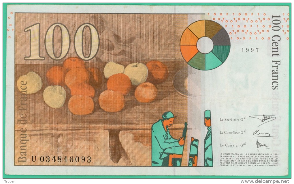France - 100 Francs - Cézanne - N° U 034846093 -  1997 - Sup - 100 F 1997-1998 ''Cézanne''