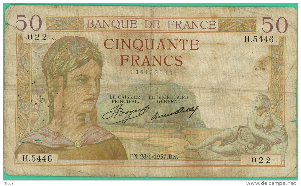 France -  50 Francs - Cérès - N° H.5446 / 022 - BX 28.1.1937.BX - B+ - 50 F 1934-1940 ''Cérès''