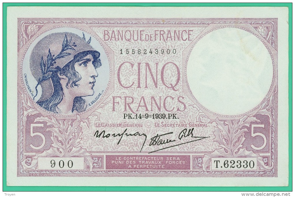 France -  5 Francs -  Violet - N° T.62330 / 900 - PK.14-9-1939.PK - Sup - 5 F 1917-1940 ''Violet''
