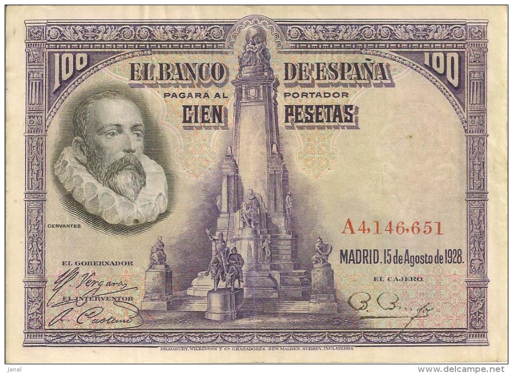 BILLETS - ESPAGNE - 100 PESETAS - 1928 - N°A4,146,651 - 100 Pesetas