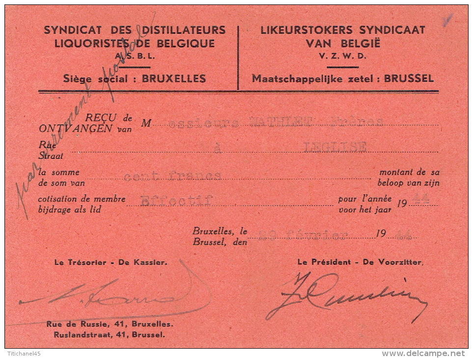 Carte De Membre 1944 SYNDICAT DES DISTILLATEURS LIQUORISTES DE BELGIQUE - LIKEURSTOKERS SYNDICAAT VAN BELGÏE - Autres & Non Classés