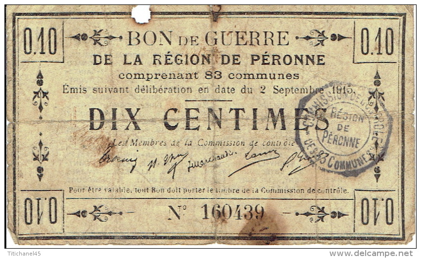 BON De GUERRE De 0,10 Centimes Du 2 Septembre 1915 De La REGION DE PERONNE - Bons & Nécessité