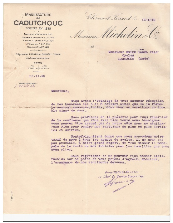 MICHELIN   MANUFACTURE DE CAOUTCHOUC  MICHELIN ET CIE LETTRE DU 11.1.10  VOIR SCAN - Publicités