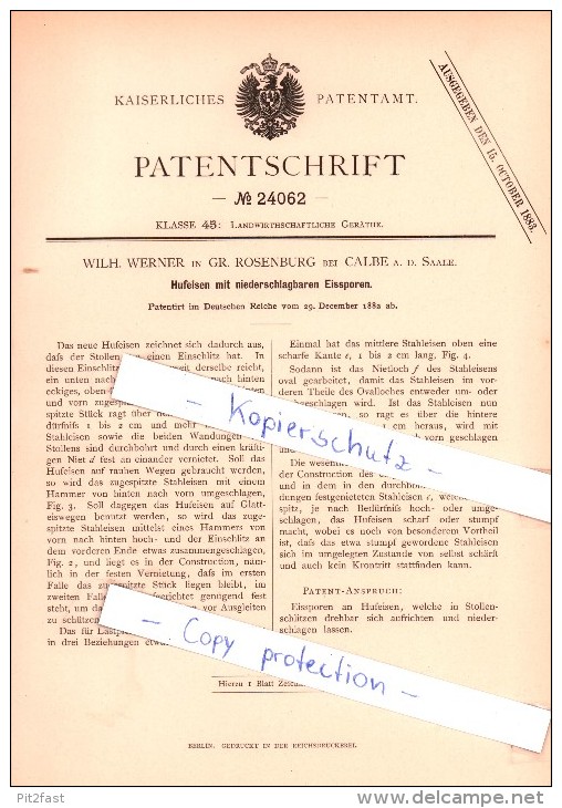 Original Patent  - W. Werner In Gr. Rosenburg / Barby Bei Calbe A. D. Saale , 1882 ,  Hufeisen Mit Eissporen , Schmied ! - Documenti Storici