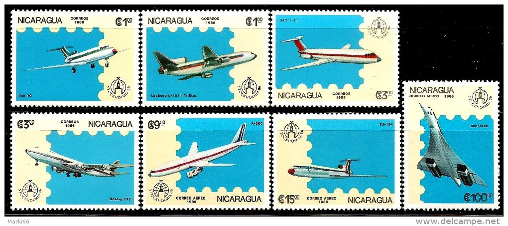 Nicaragua - 1986 - Airplanes - Stockholmia 86 Philatelic Exhibition - Mint Stamp Set - Nicaragua