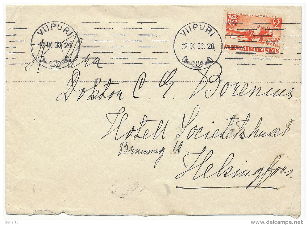 Postinkuljetusta 1938 2 Mark Yellow On Cover VIIPURI-HELSINKI - Covers & Documents