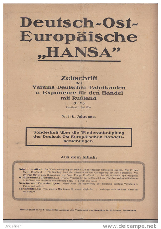 Deutsch-Ost-Europäische "HANSA", Nr.1 / 11. Jahrgang 1920, Zeitschrift Für Den Handel Mit Russland - Autres & Non Classés