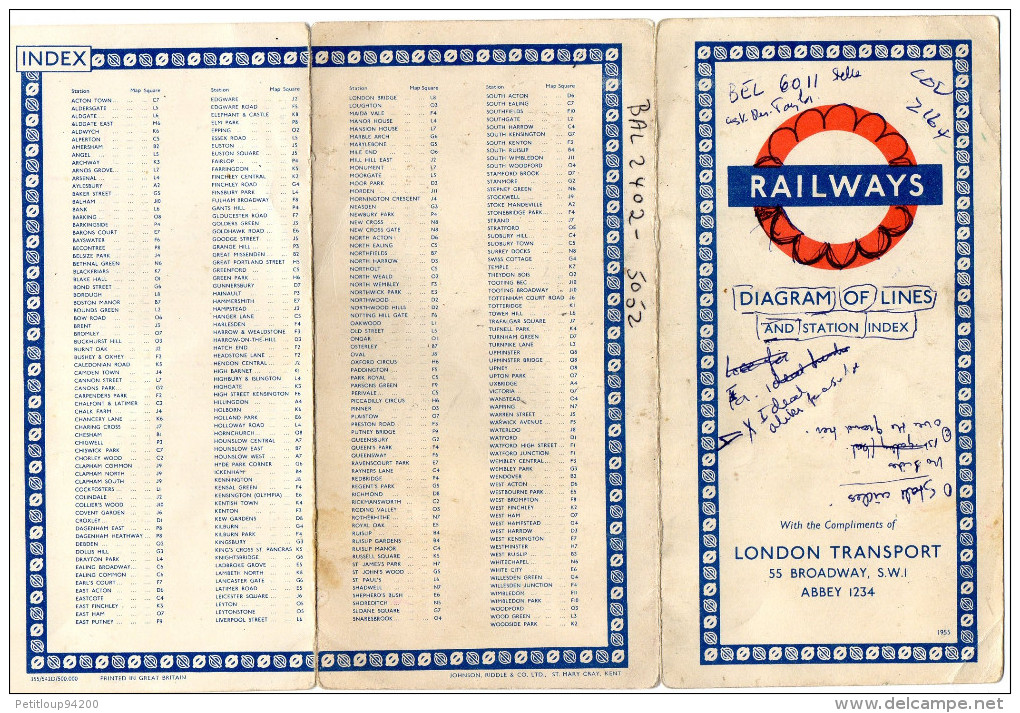 PLAN METRO LONDRES   RAILWAYS London Transport 1955 - Europe