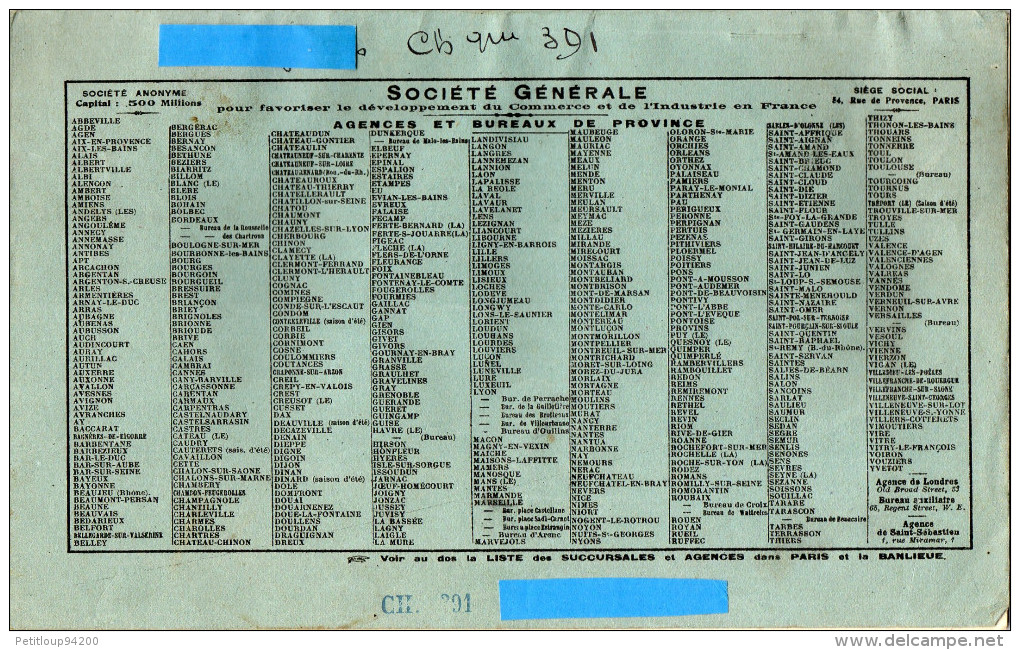 CHEQUIER  SOCIETE GENERALE  Gisors  SEPTEMBRE 1913 - Cheques En Traveller's Cheques