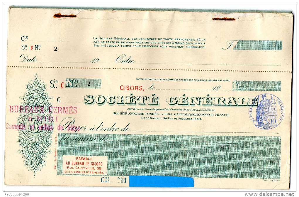 CHEQUIER  SOCIETE GENERALE  Gisors  SEPTEMBRE 1913 - Cheques & Traveler's Cheques