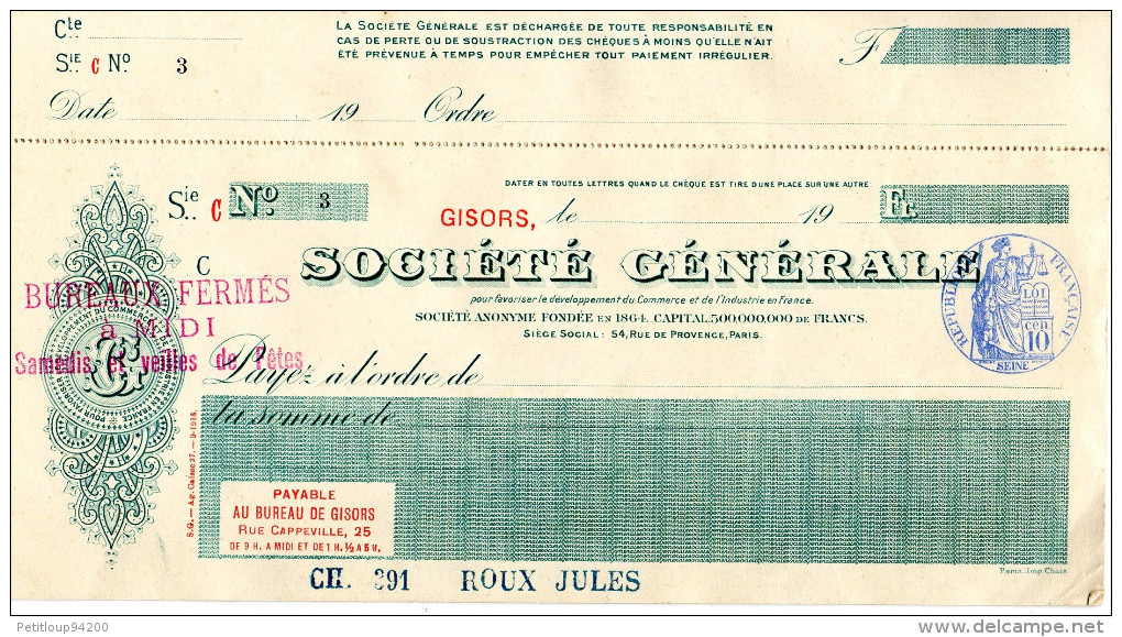 CHEQUIER  SOCIETE GENERALE  Gisors  SEPTEMBRE 1913 - Schecks  Und Reiseschecks