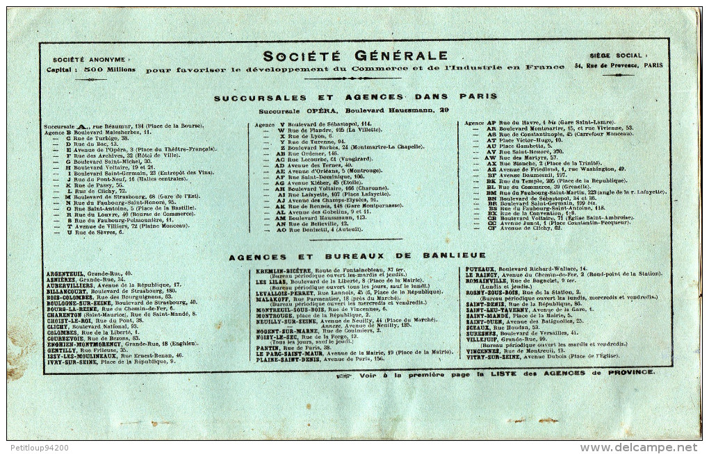 CHEQUIER  SOCIETE GENERALE  Gisors  SEPTEMBRE 1913 - Cheques & Traveler's Cheques